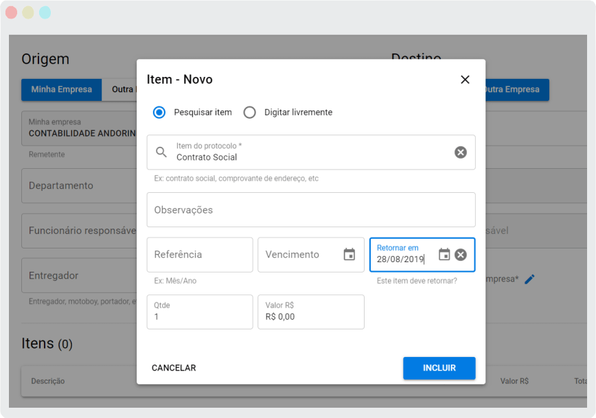 Sistema de Protocolo Online - retorno de itens